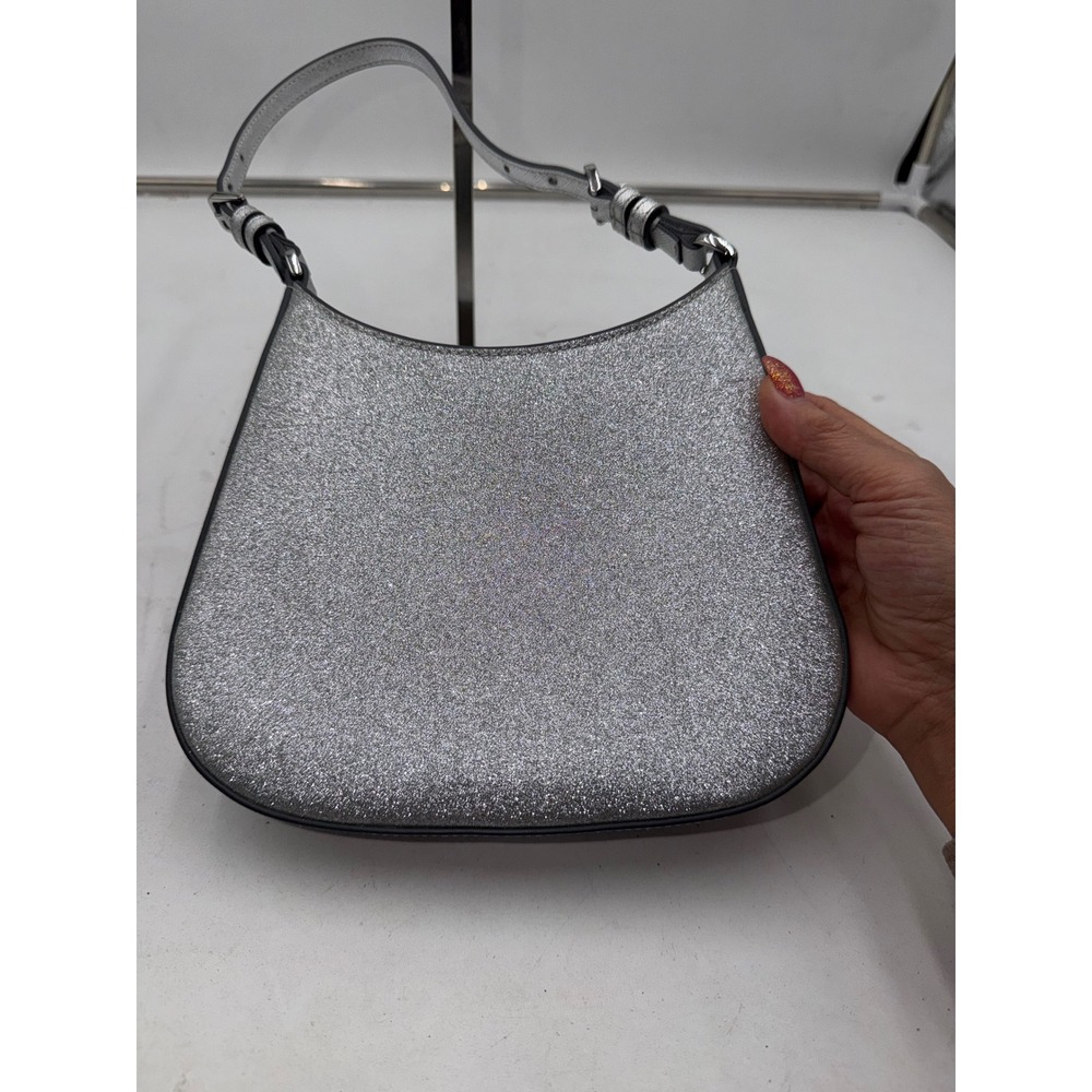 Kate Spade Silver Glitter Hobo Shoulder Bag Metallic Saffiano Leather Trim Small - Picture 3 of 11